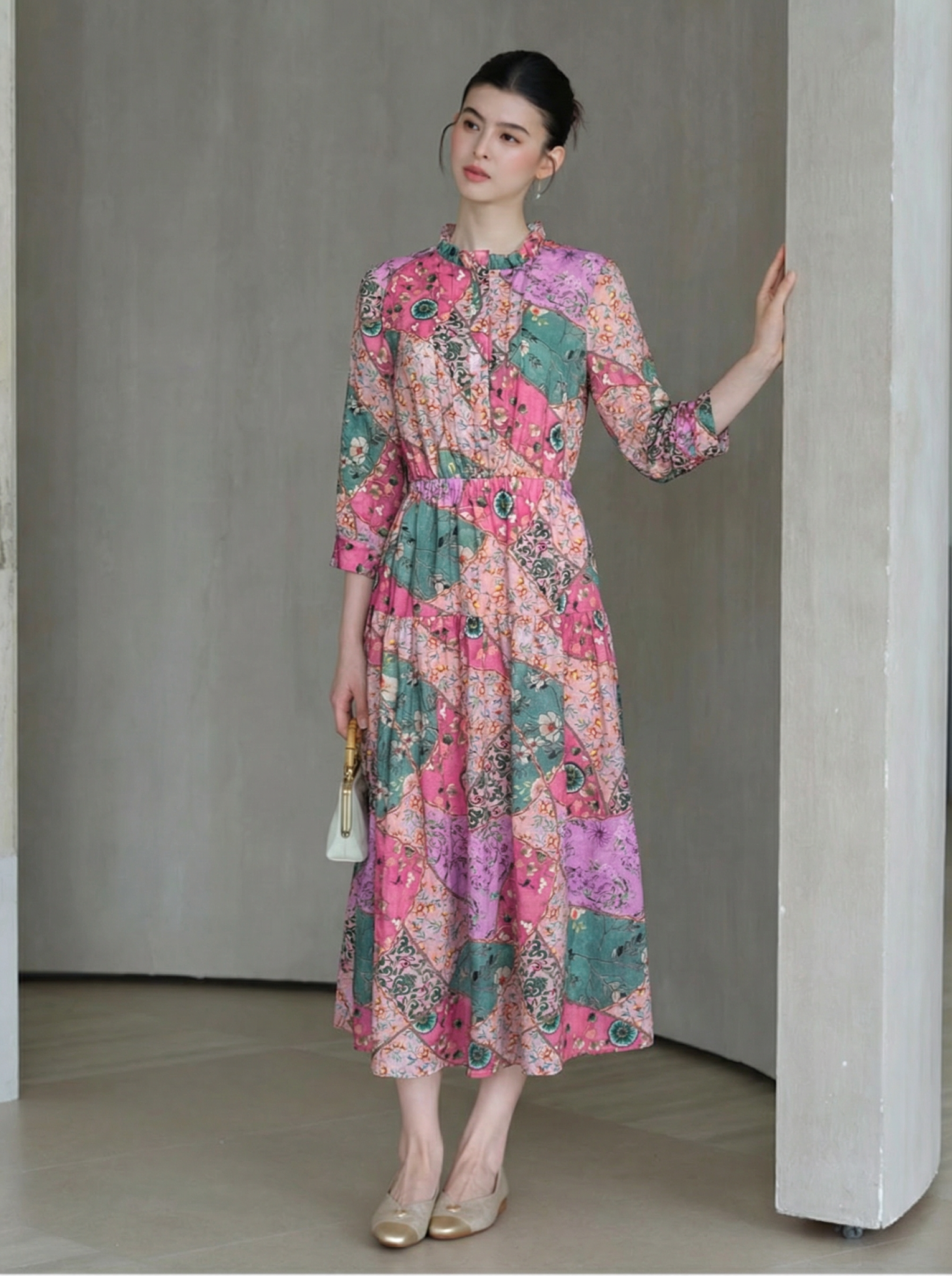  D196- Đầm Ramie Hoa Văn Ghép 