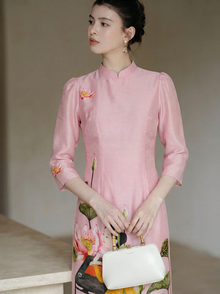  AD15-Áo Dài In Tranh Lụa Truyền Thống 