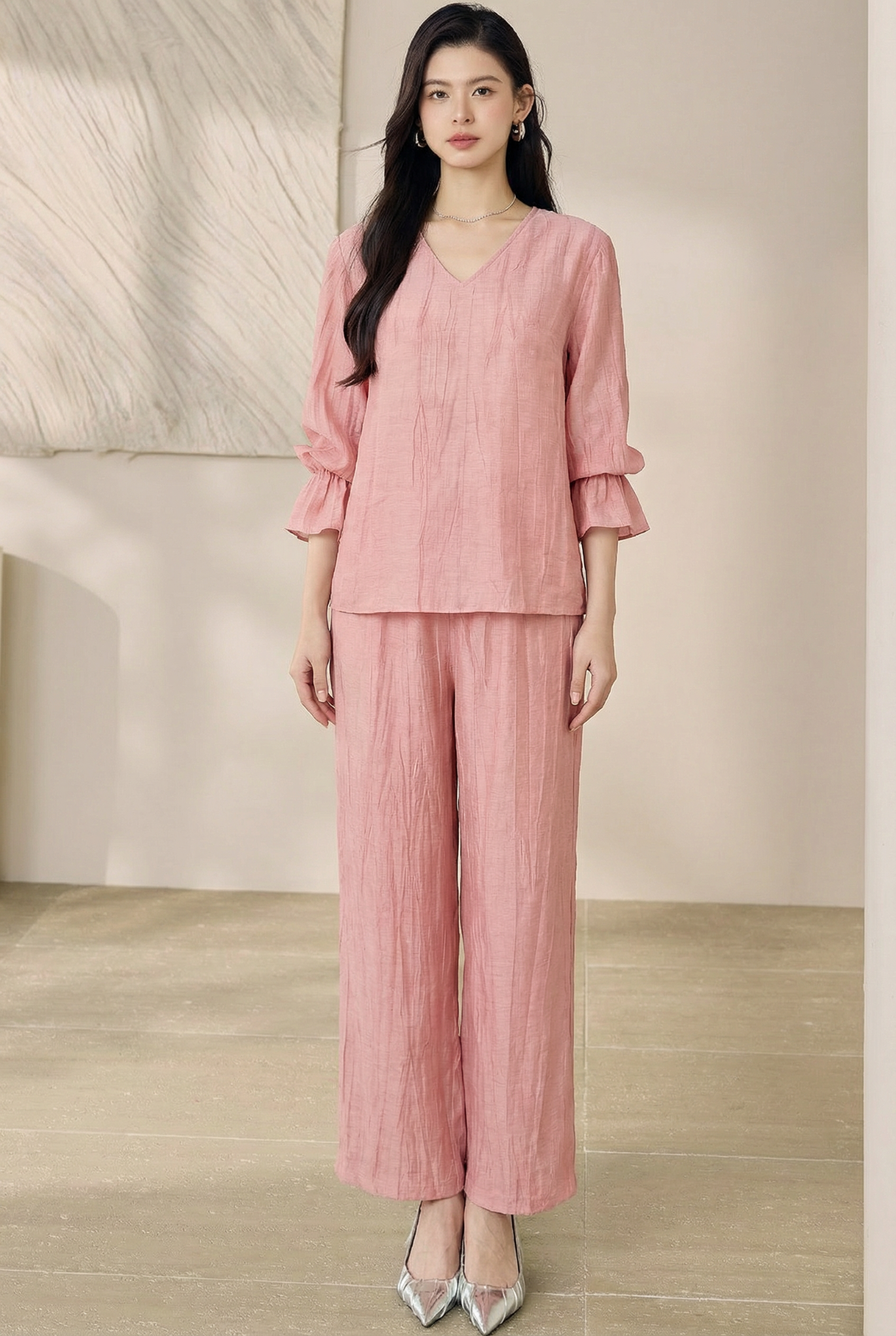  B14-Sét Linen Tencel Cổ V 