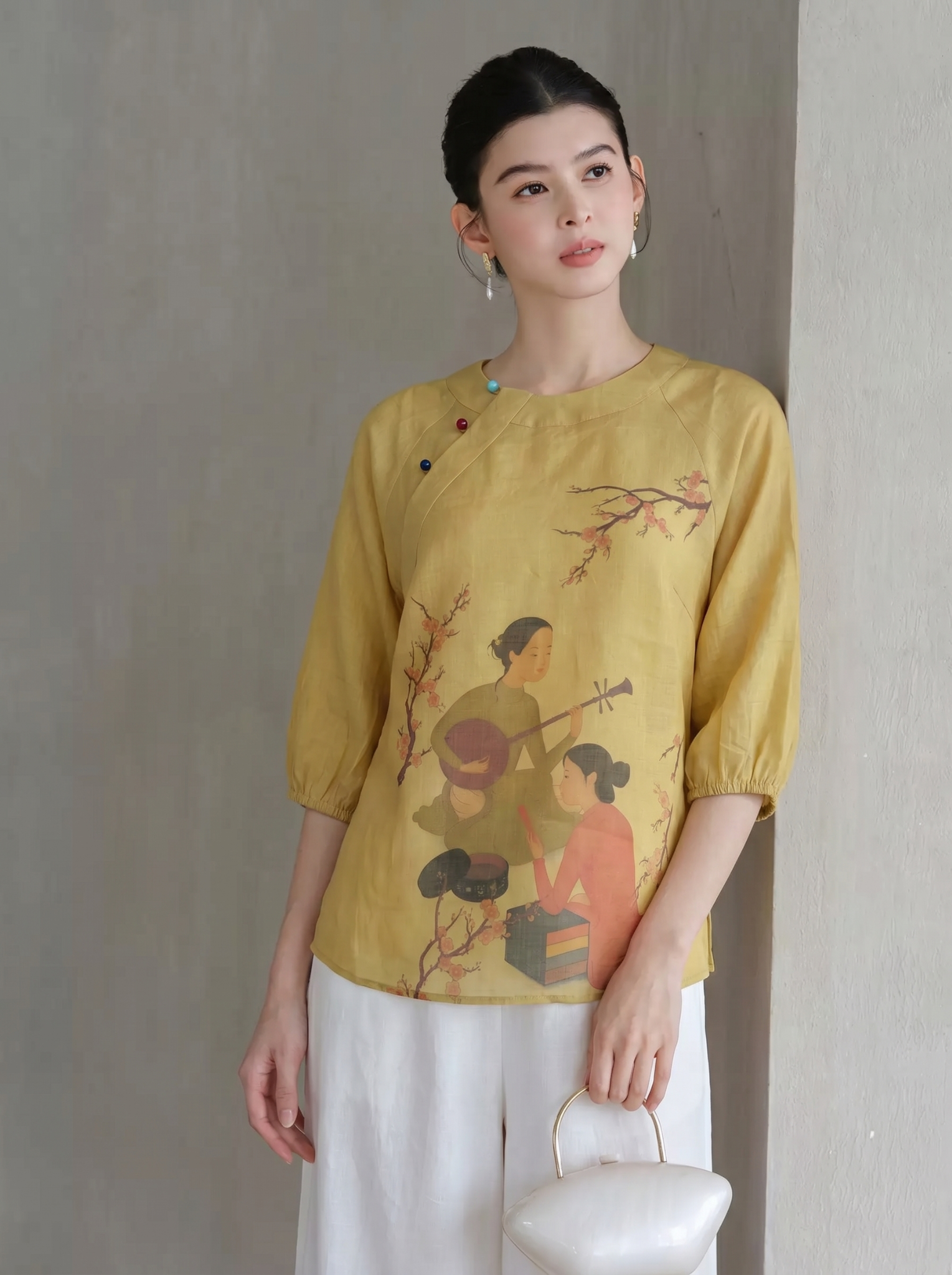  A1979-Áo ramie vẽ tranh cổ điển 