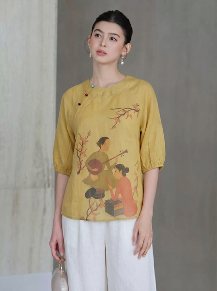  A1979-Áo ramie vẽ tranh cổ điển 