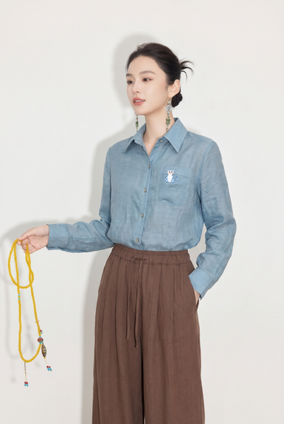  A884-Áo Ramie Tay Dài Logo Mèo 
