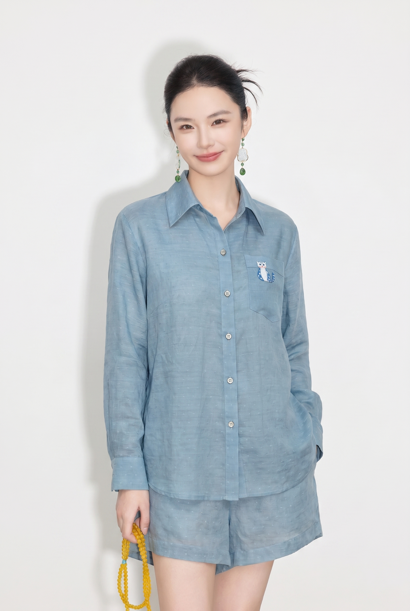  A884-Áo Ramie Tay Dài Logo Mèo 