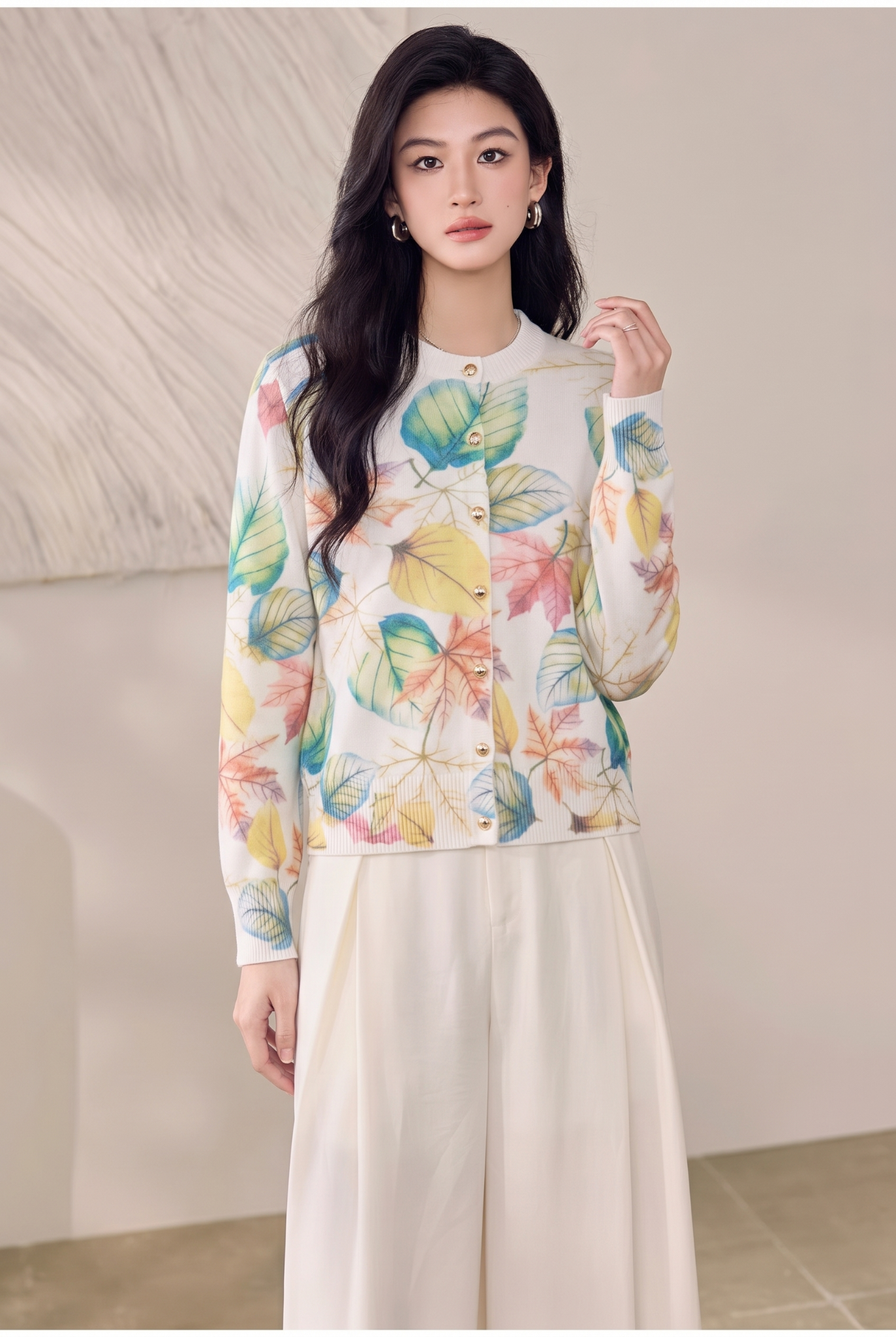  A830-Áo Len Dệt Kim Cardigan Chiếc Lá Mùa Thu 