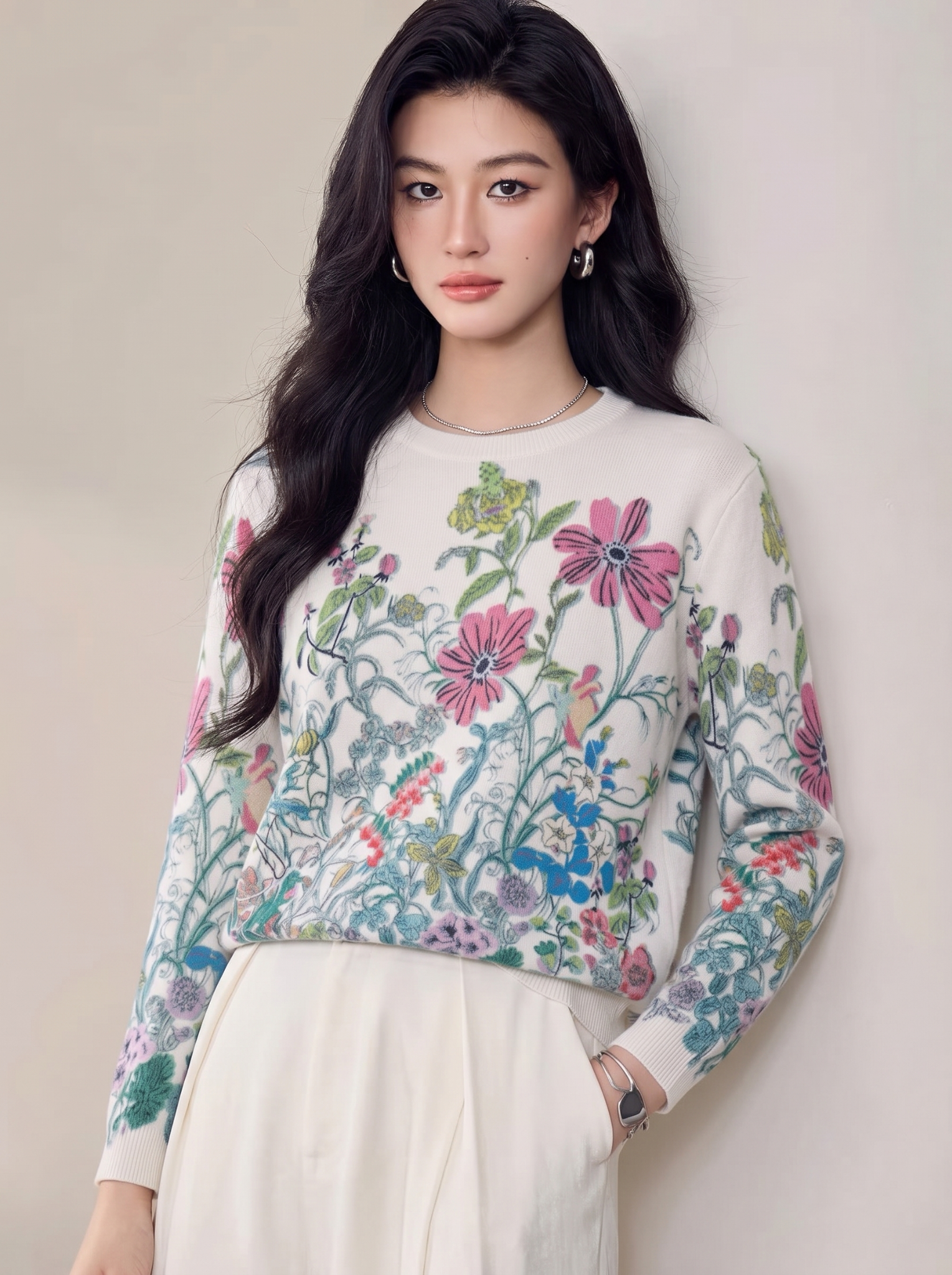  A814-Áo Len Dệt Kim Hoa Lá Mùa Thu Hàn Quốc 