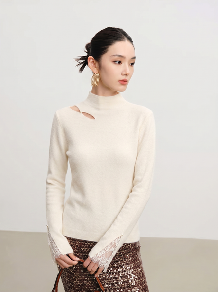  A804-Áo Len Dệt Kim Cổ Cắt Khoét Tay Ren Dáng Ôm Mùa Thu Hàn Quốc 