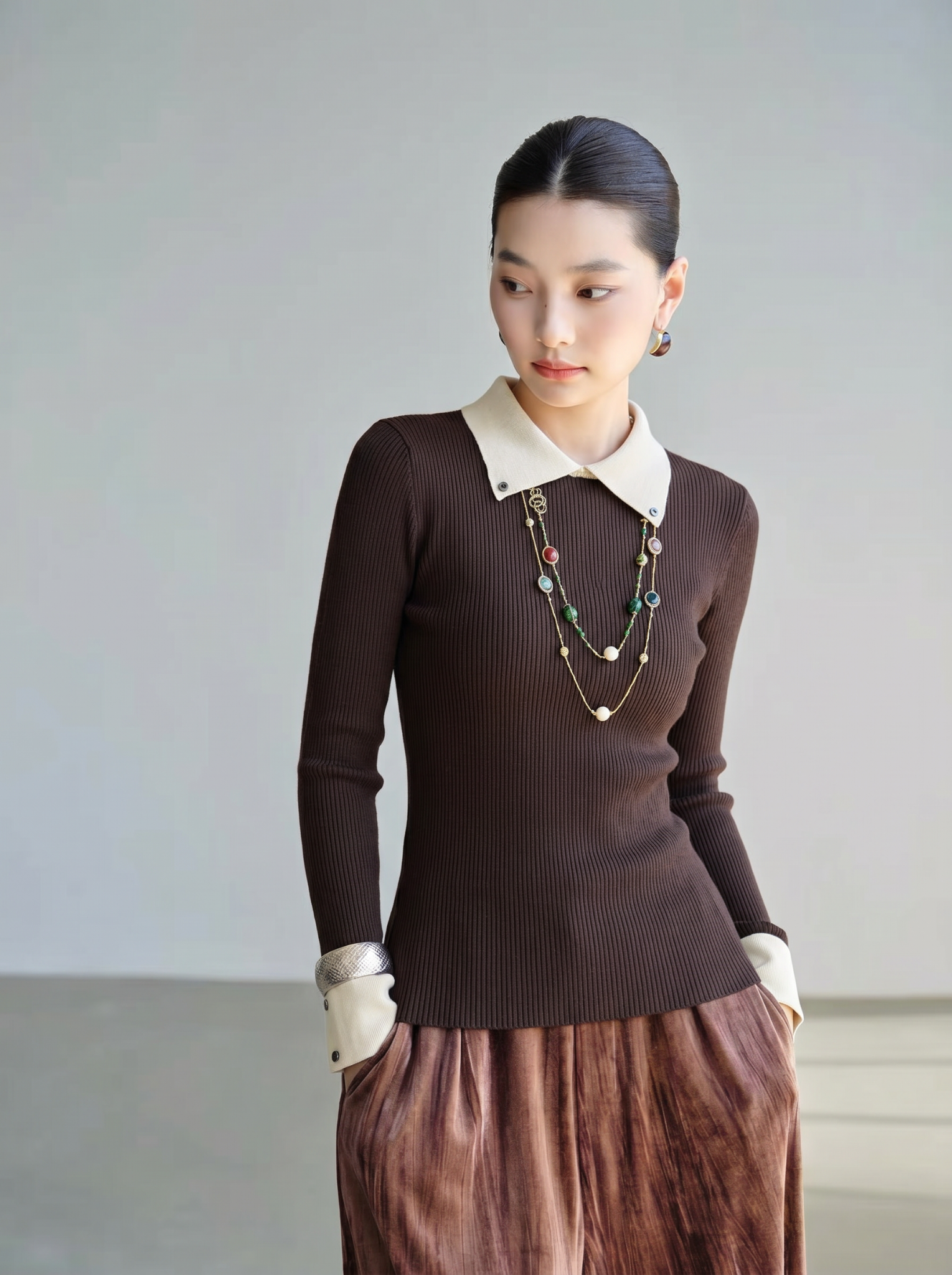  A810-Áo Len Dệt Kim Cổ Phối Màu Mùa Thu Hàn Quốc 