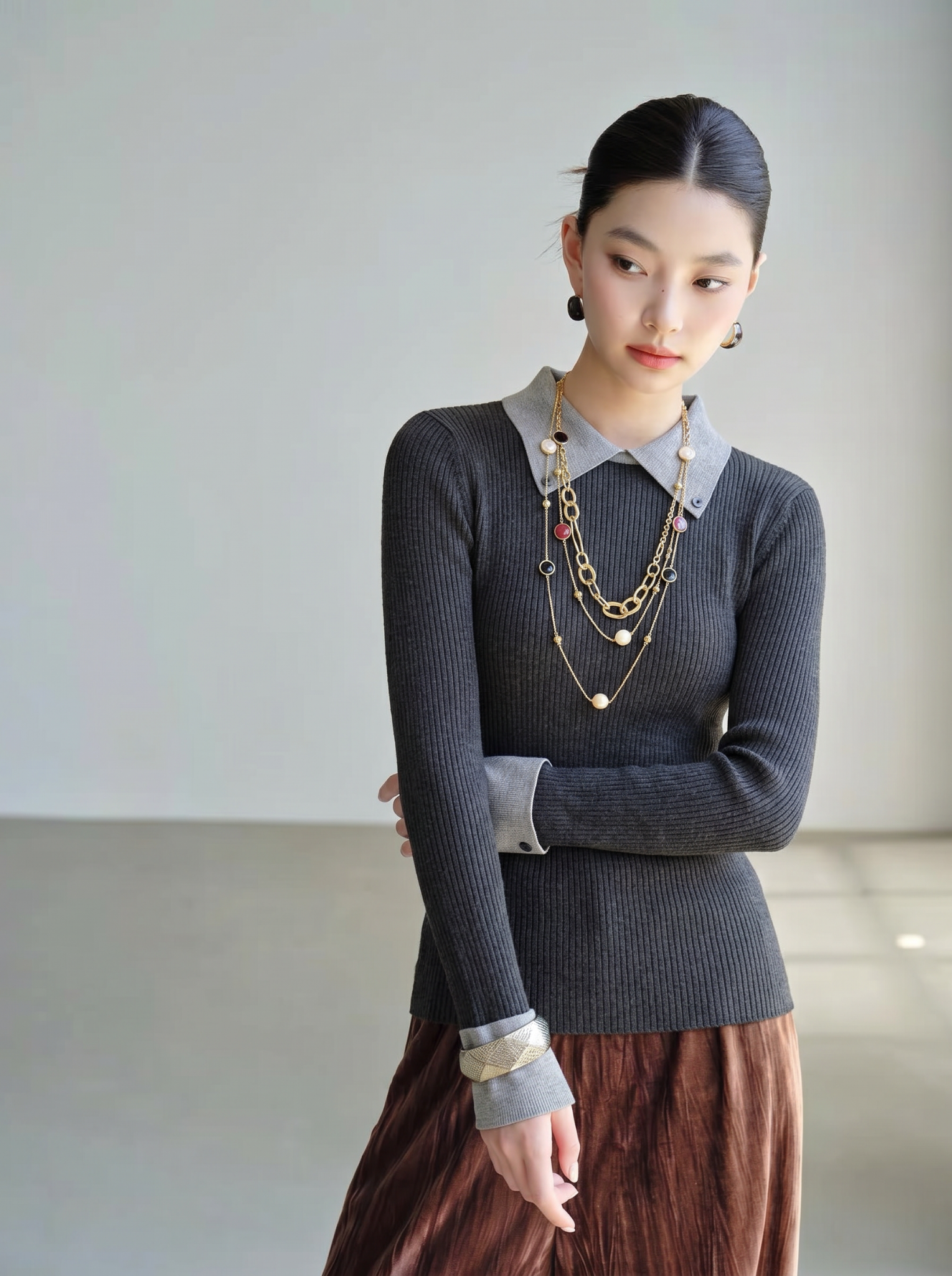  A810-Áo Len Dệt Kim Cổ Phối Màu Mùa Thu Hàn Quốc 