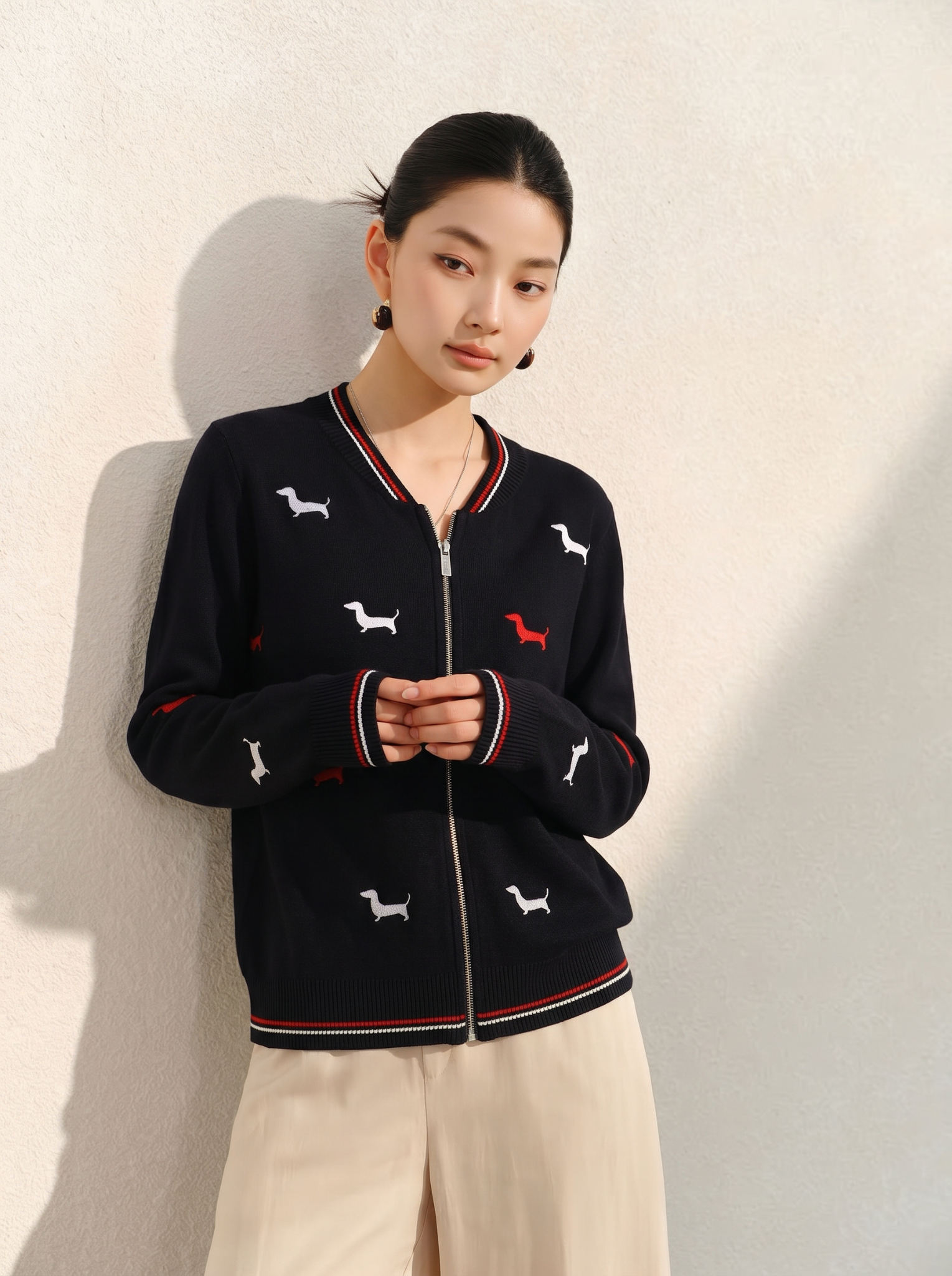  A797-Áo Len Dệt Kim Cardigan Khóa Kéo Đàn Cún Mùa Thu 
