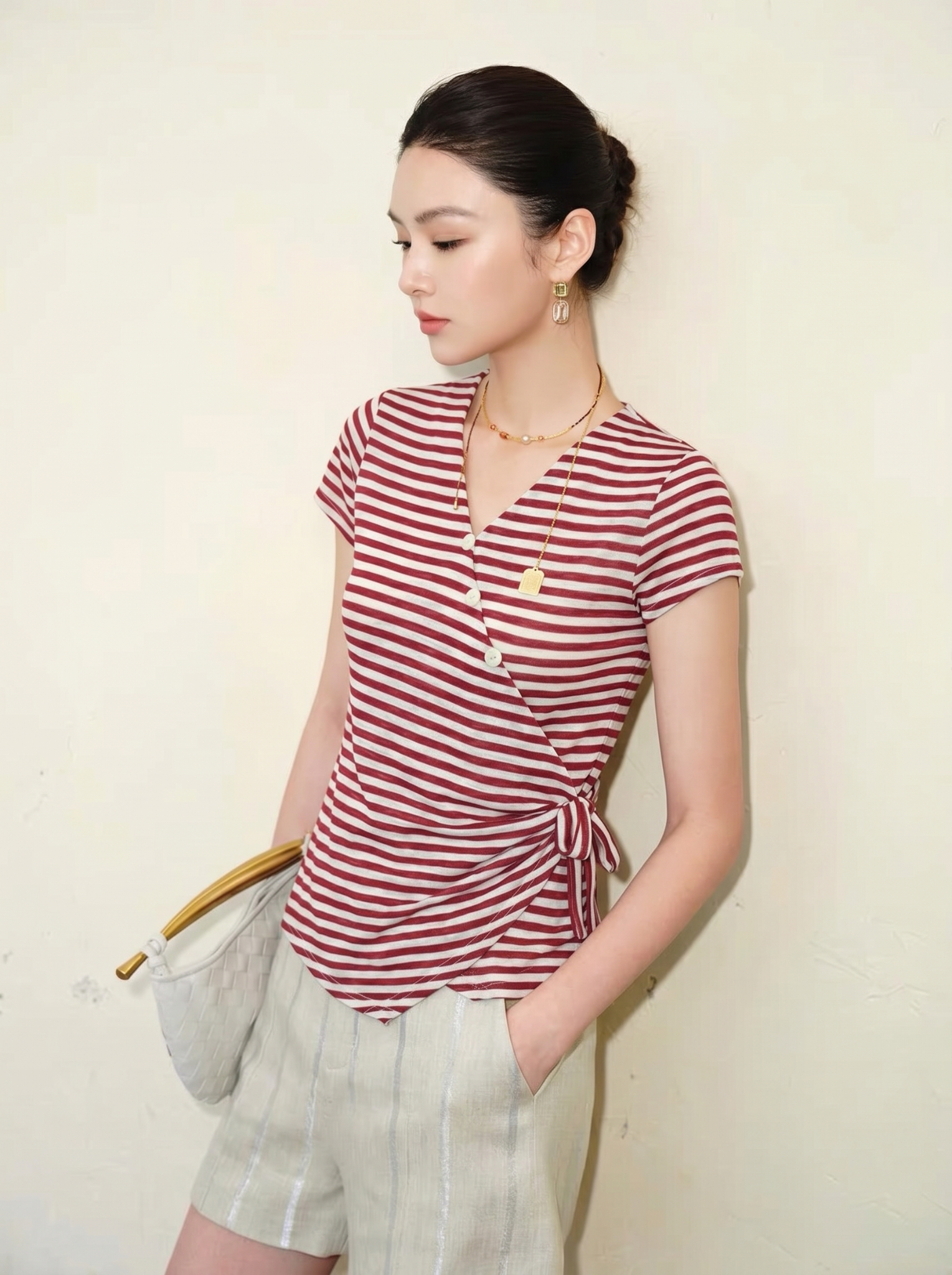  AT71-Áo Thun Cotton Đốm Cổ V 