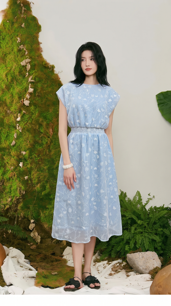  D204- Đầm Tơ Hoa Tay Liền 