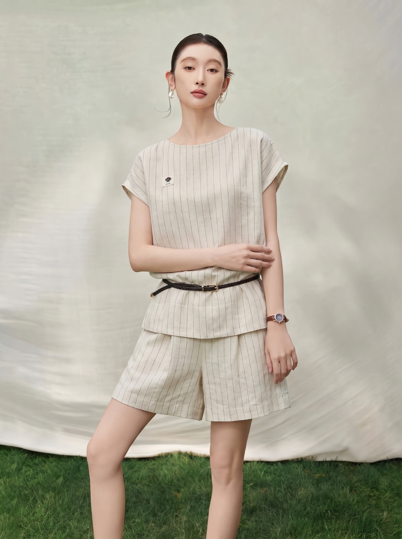  B18-Sét Sọc Cotton Linen Lụa Tay Liền 