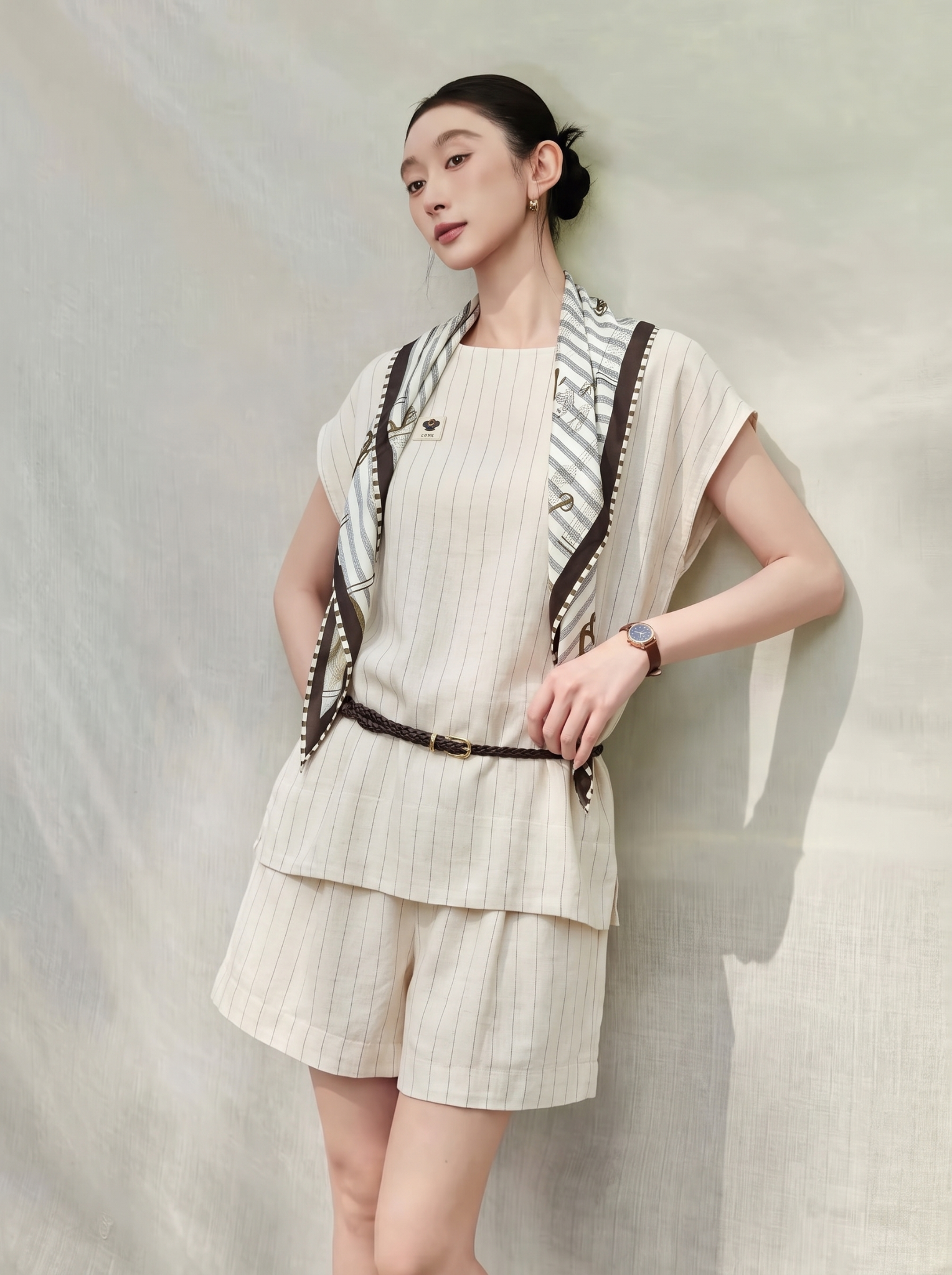  B18-Sét Sọc Cotton Linen Lụa Tay Liền 