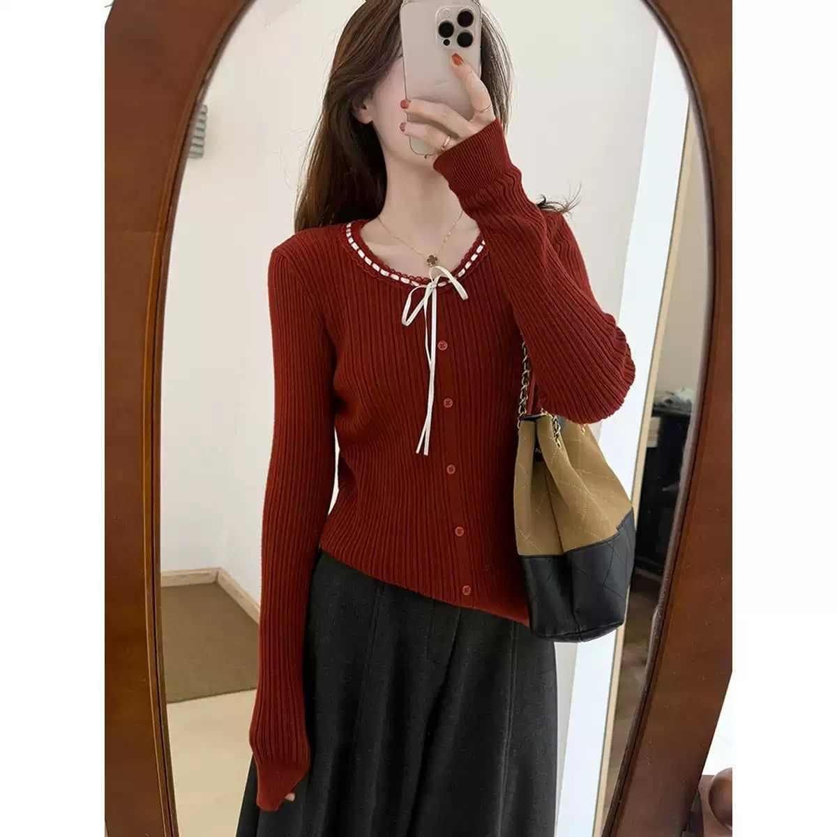  A813-Áo Len Dệt Kim Cardigan Cổ Nơ Mùa Thu 