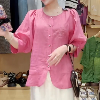  A465-Áo Ramie Tay Phồng Thêu Hoa 