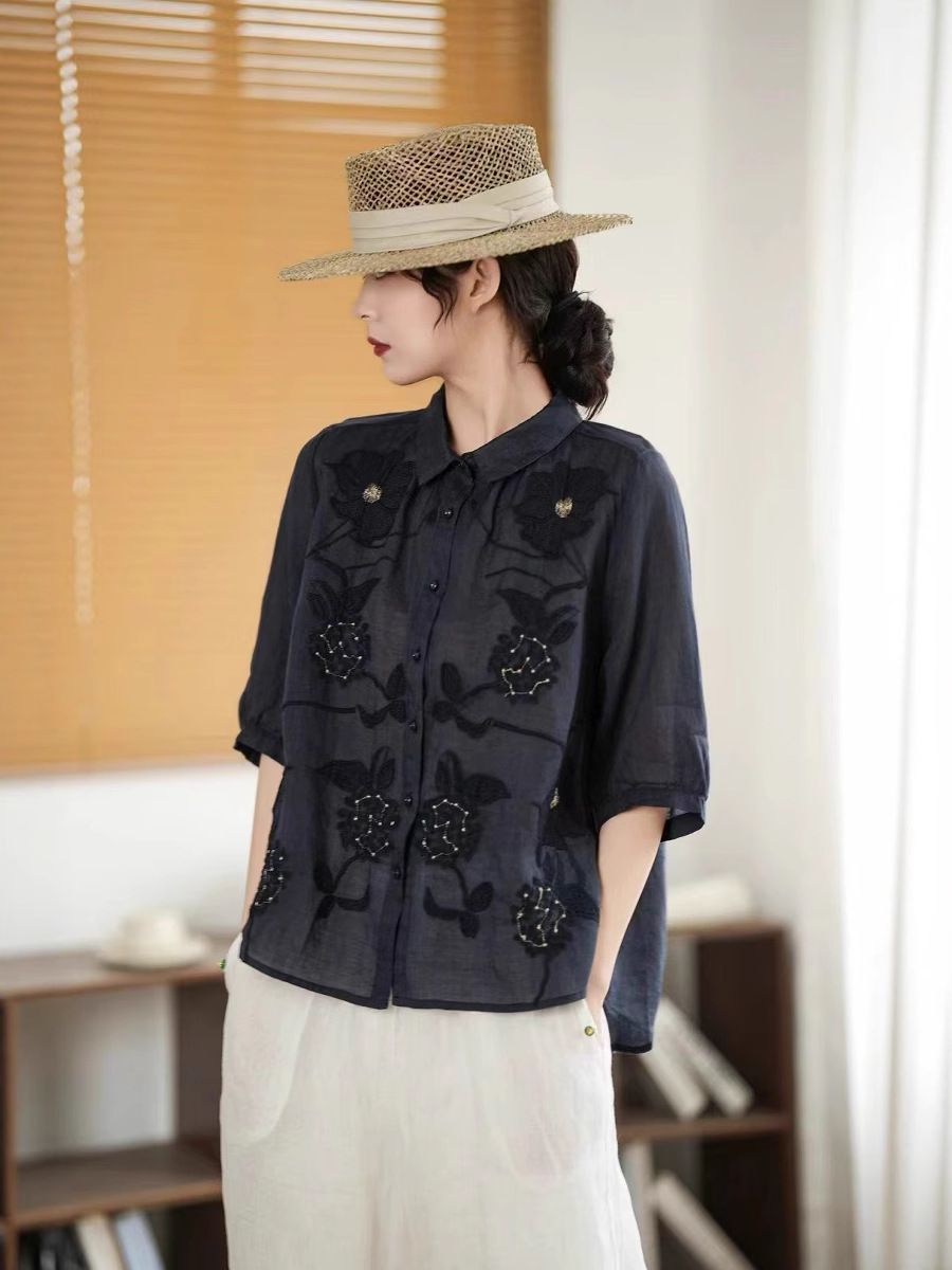  A713-Áo Ramie Thêu Nghệ Thuật Cổ Điển 