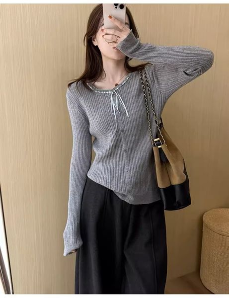  A813-Áo Len Dệt Kim Cardigan Cổ Nơ Mùa Thu 