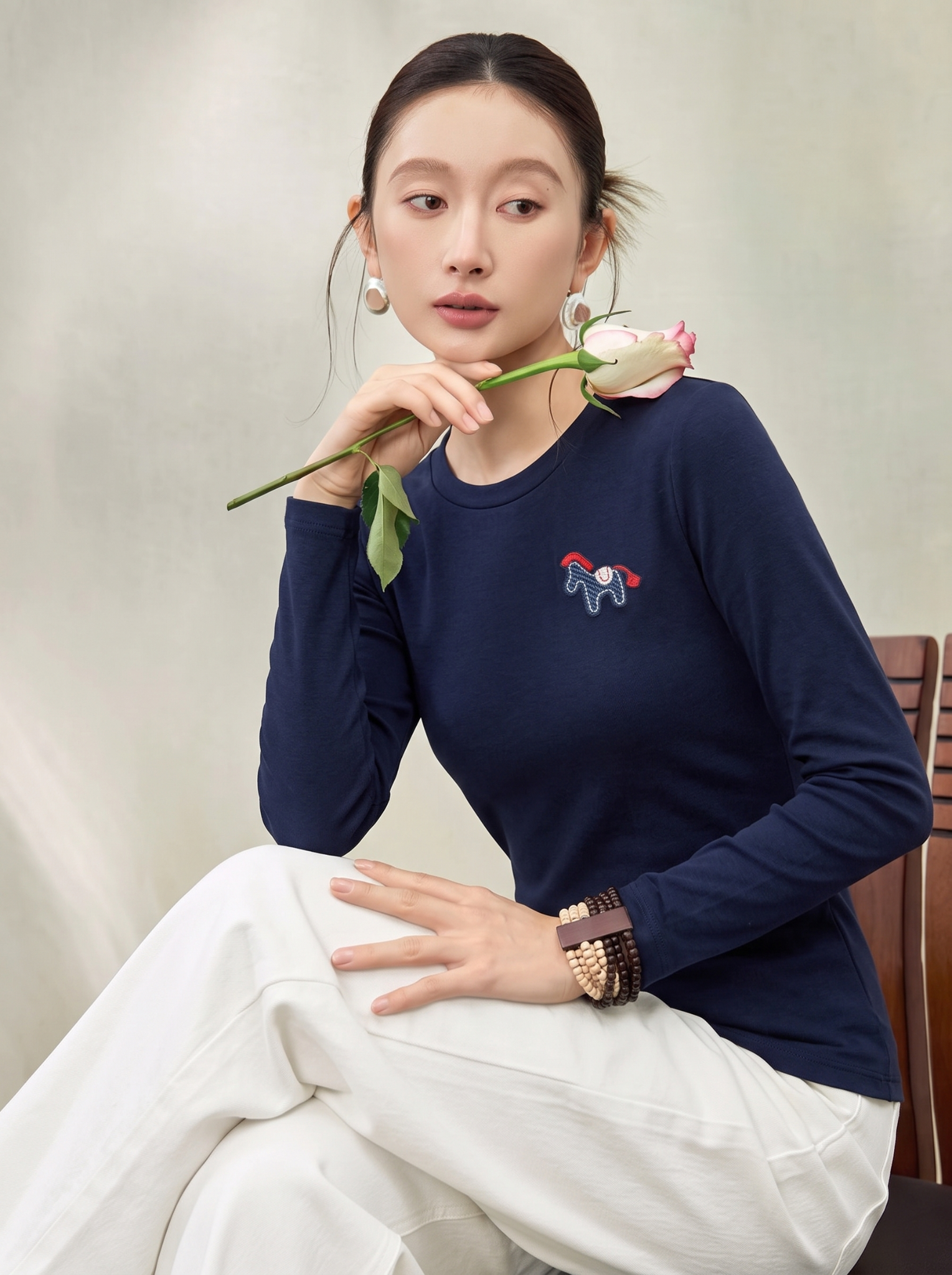  AT74-Áo Thun Cotton Tay Dài Đính Logo 
