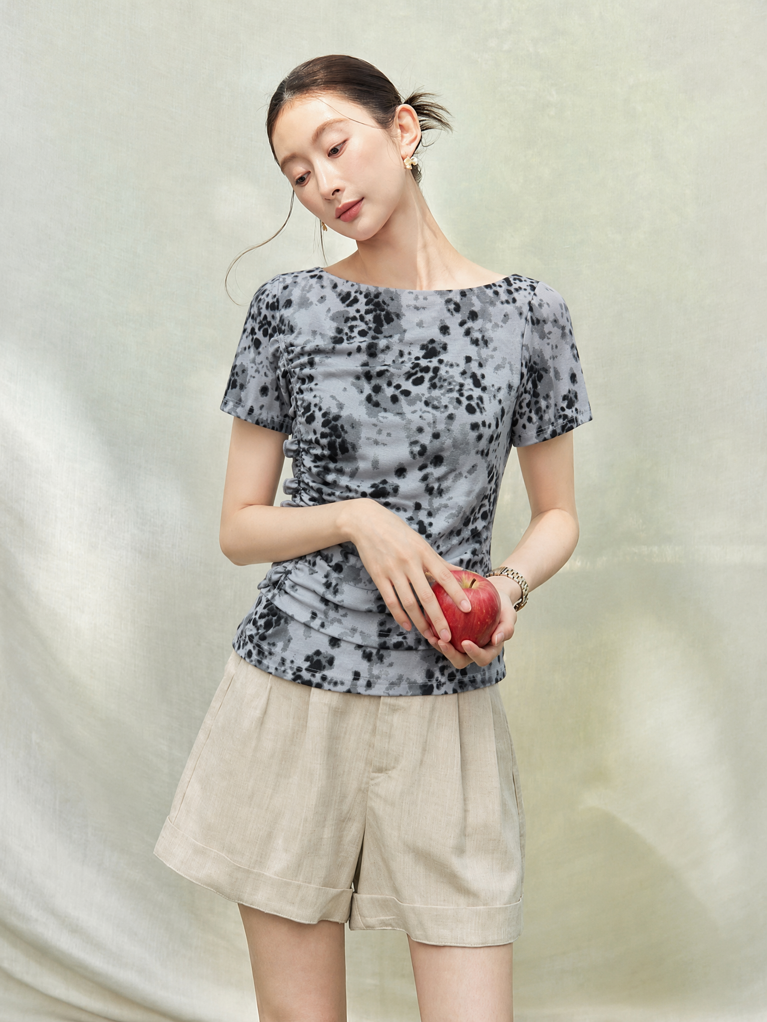  AT75-Áo Tay Ngắn Thun Gân Viscose Họa Tiết 