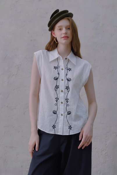  A953-Áo Sơ Mi Linen Cotton Thêu Hoa 
