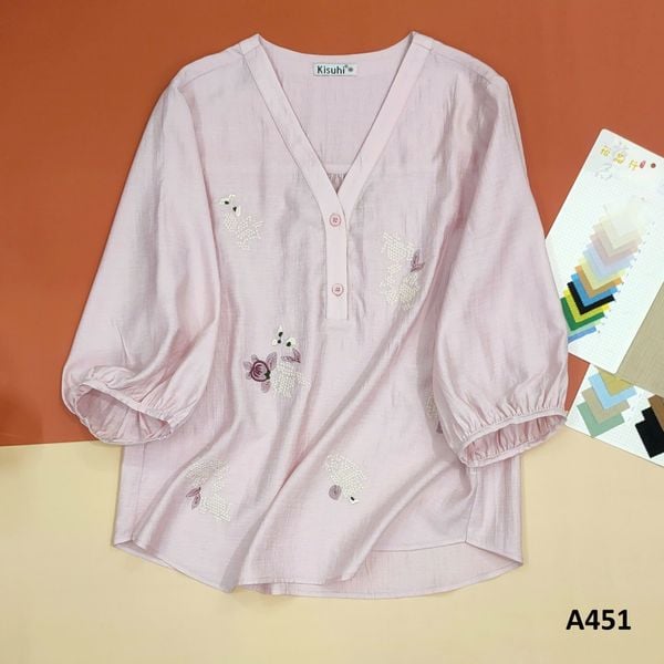  A451-Áo Tencel Thêu Tay Lỡ Cổ Tim 