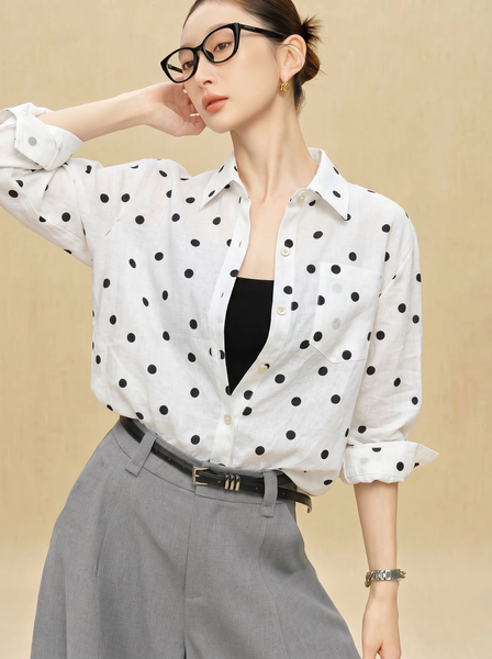  A923- Áo Sơ Mi Linen Tưng Premium Chấm Bi 