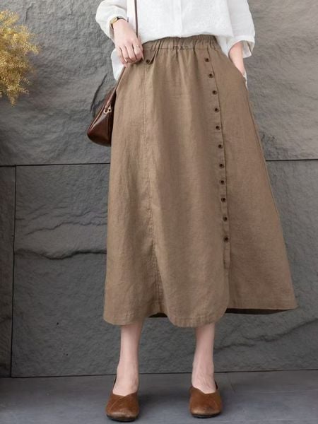  Q253-Chân Váy Linen Điểm Nút 