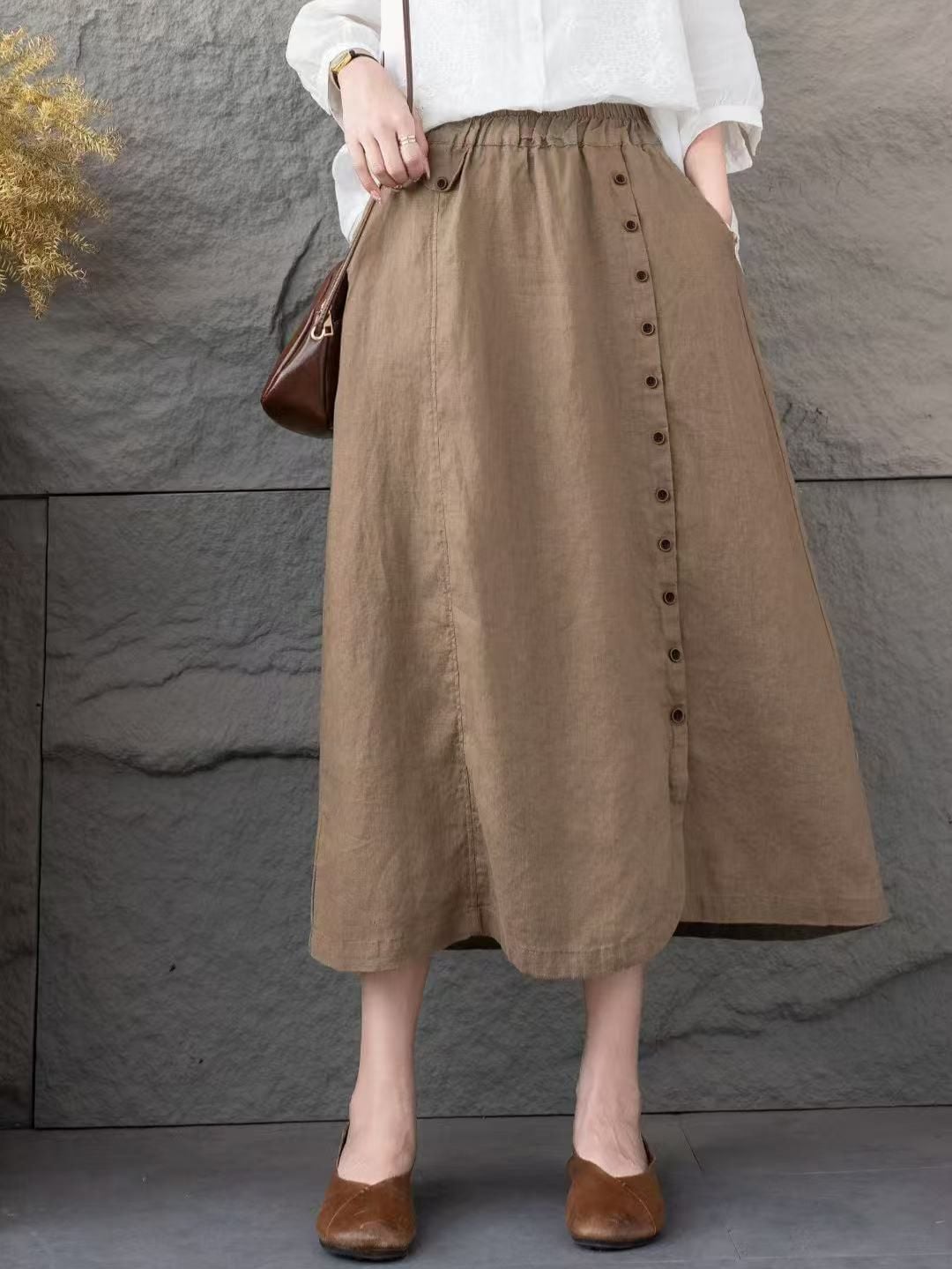  Q253-Chân Váy Linen Điểm Nút 