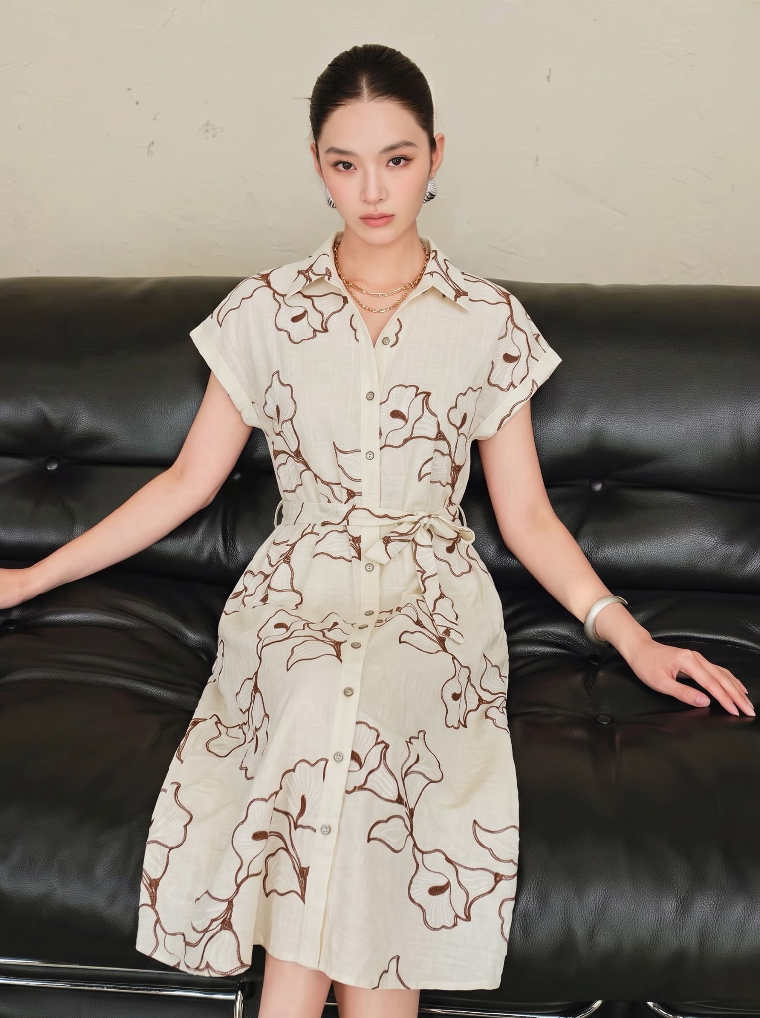  D202- Đầm Sơ Mi Linen Cotton Thêu Hoa 