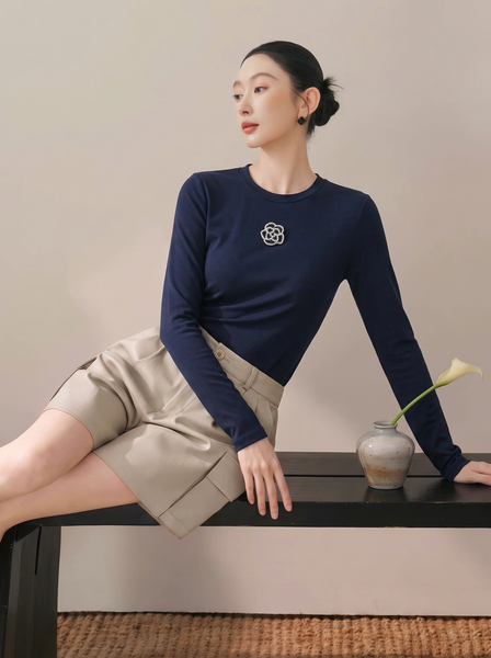  AT89-Áo Tay Dài Thun Lụa Mịn Đính Hoa Hồng 
