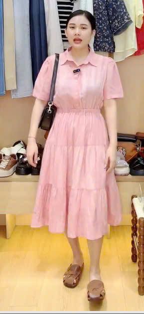  D194-Đầm Linen Tencel Nhún Tầng Màu Loang 