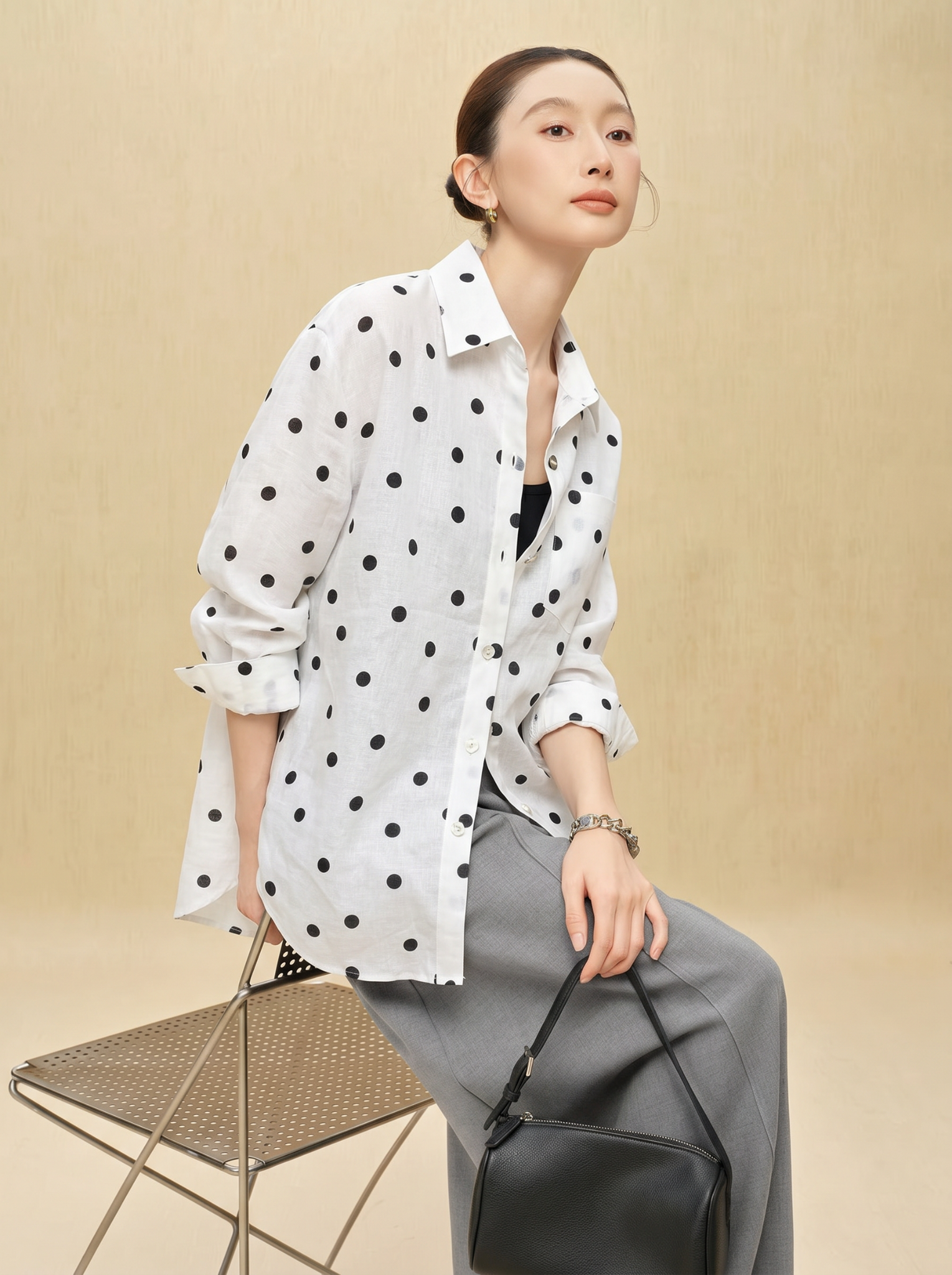  A923- Áo Sơ Mi Linen Tưng Premium Chấm Bi 