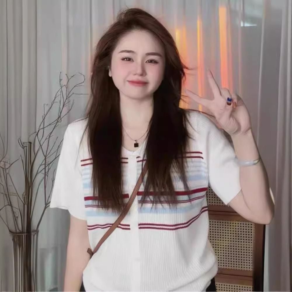  A448-Áo Len Dệt Kim Kẻ Sọc Kiểu Sơ Mi 