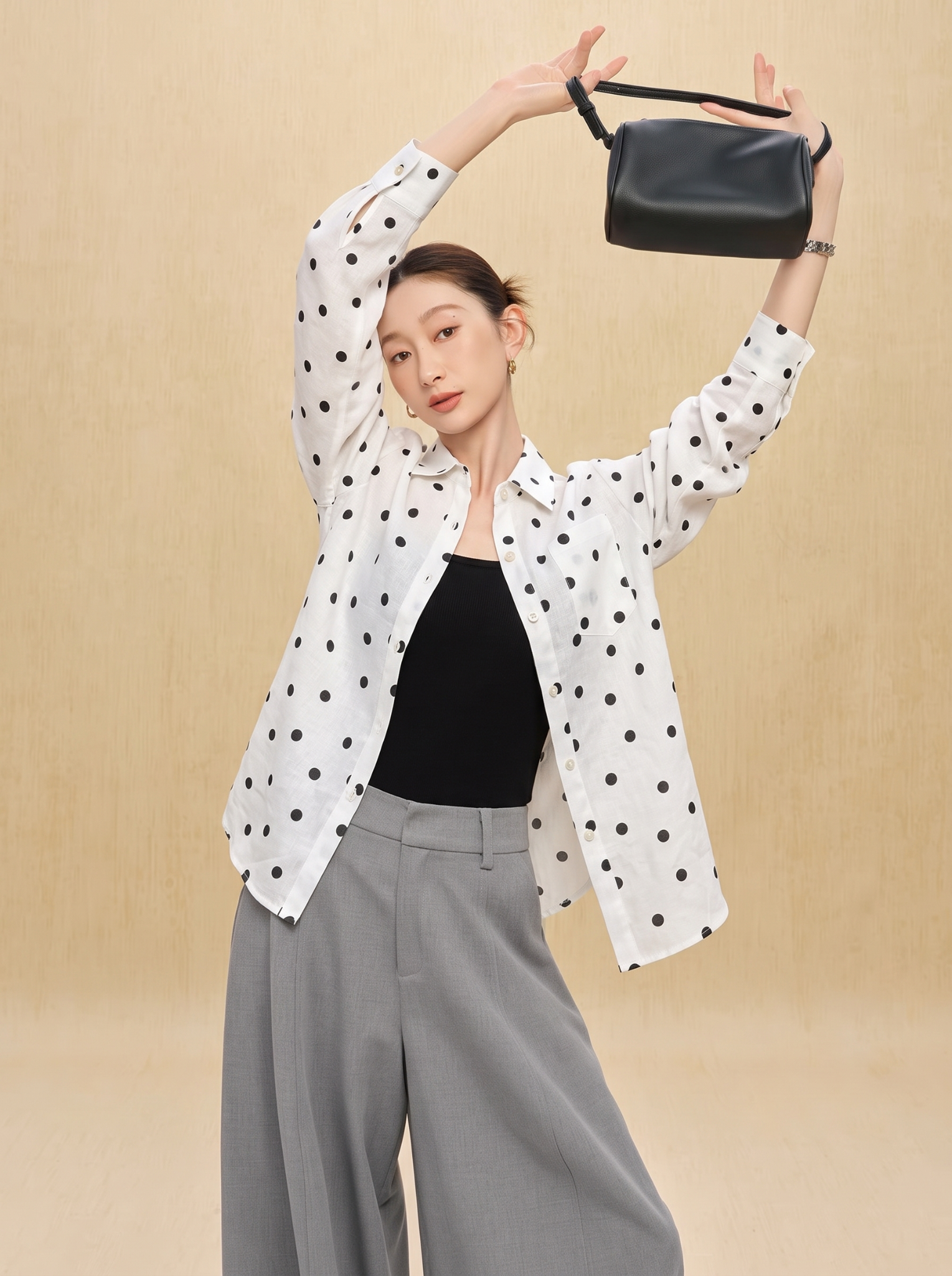  A923- Áo Sơ Mi Linen Tưng Premium Chấm Bi 