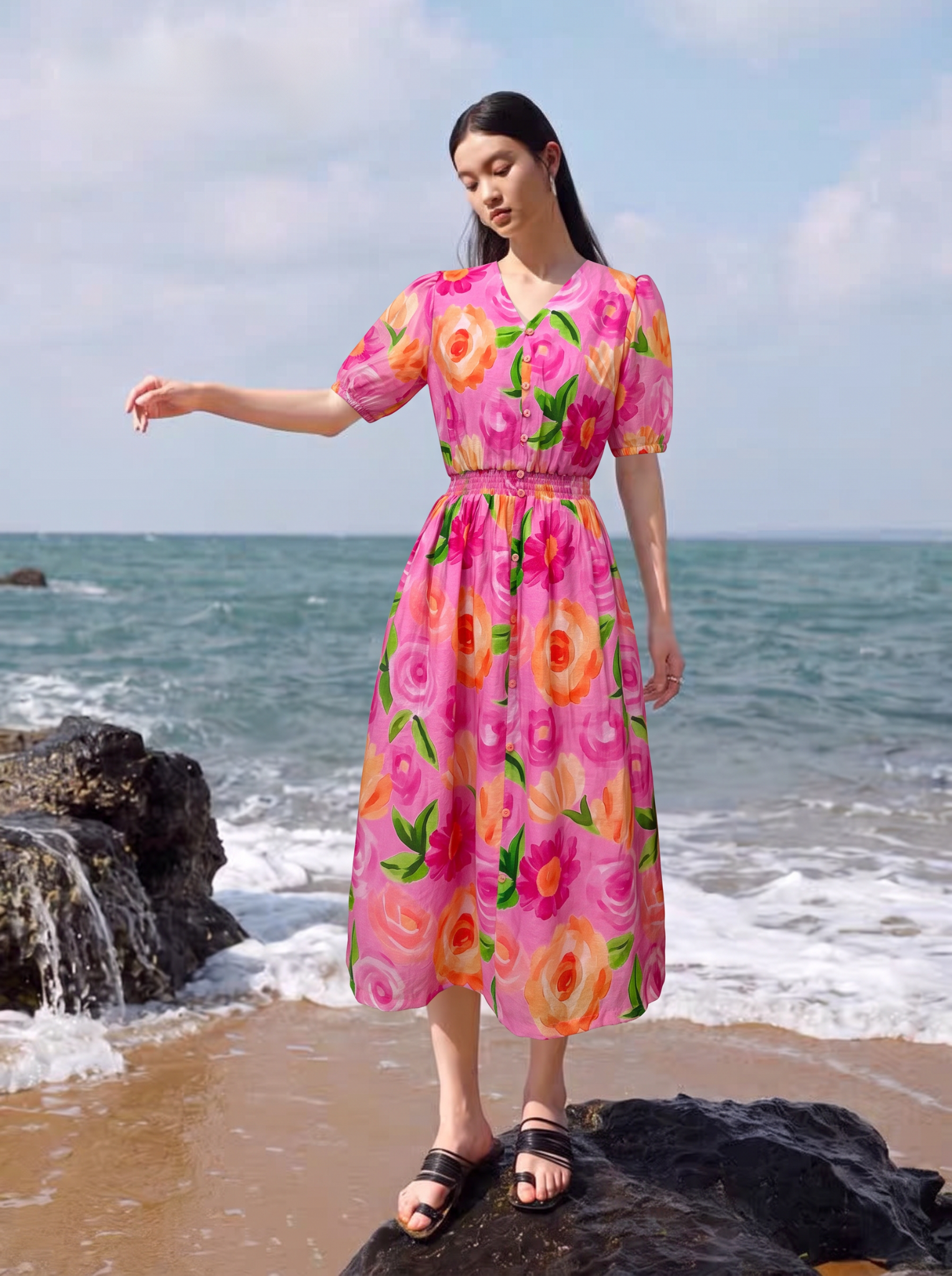  D206-Đầm Tơ Cổ Tim 