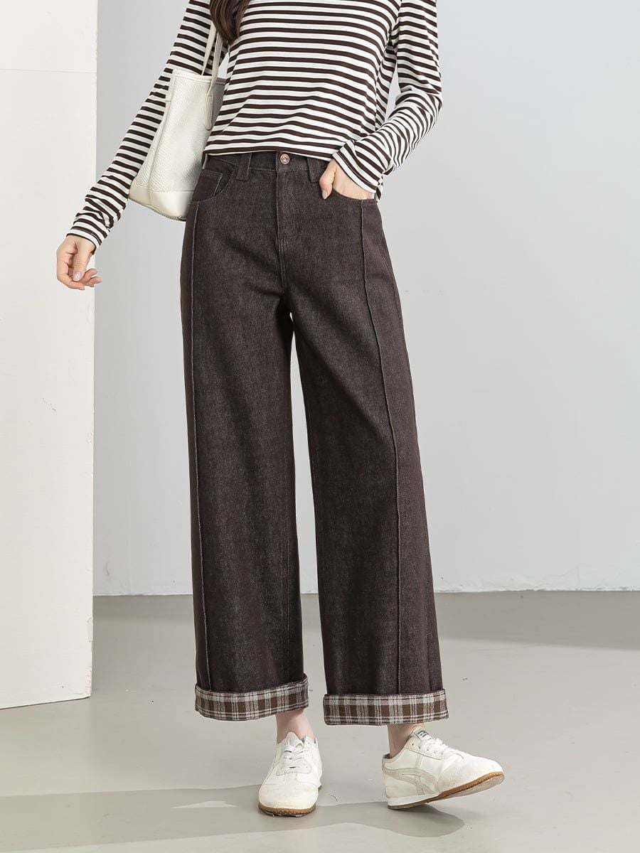  Q461-Quần Jeans Lụa Ống Rộng Xắn Gấu Caro 9 Tấc 