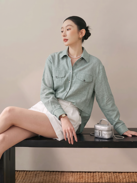  A946-Áo Sơ Mi Linen Thêu 2 Sợi 