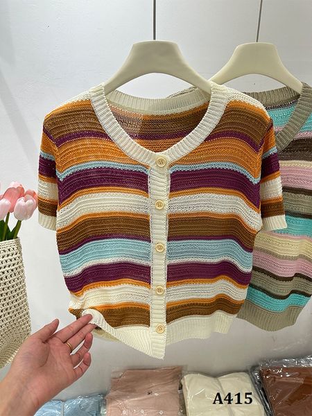  A415-Áo Dệt Kim Sọc Màu Ngắn Tay Cổ Tròn 