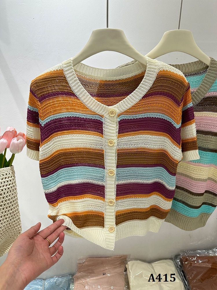  A415-Áo Dệt Kim Sọc Màu Ngắn Tay Cổ Tròn 