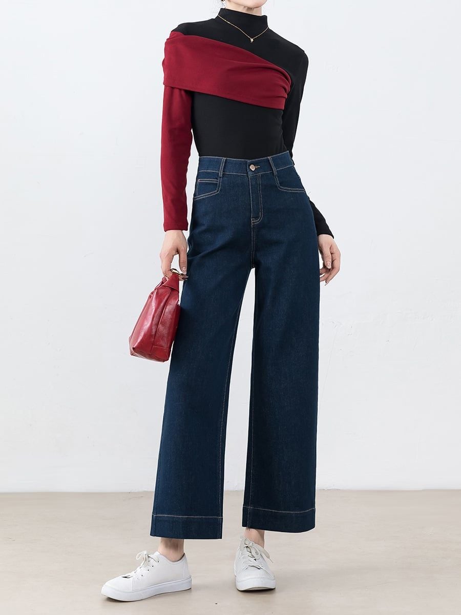  Q347-Quần Jeans Lụa Mềm Ống Đứng Lai Cao 