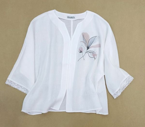  A432-Áo Ramie Cổ V In Vẽ Hoa 