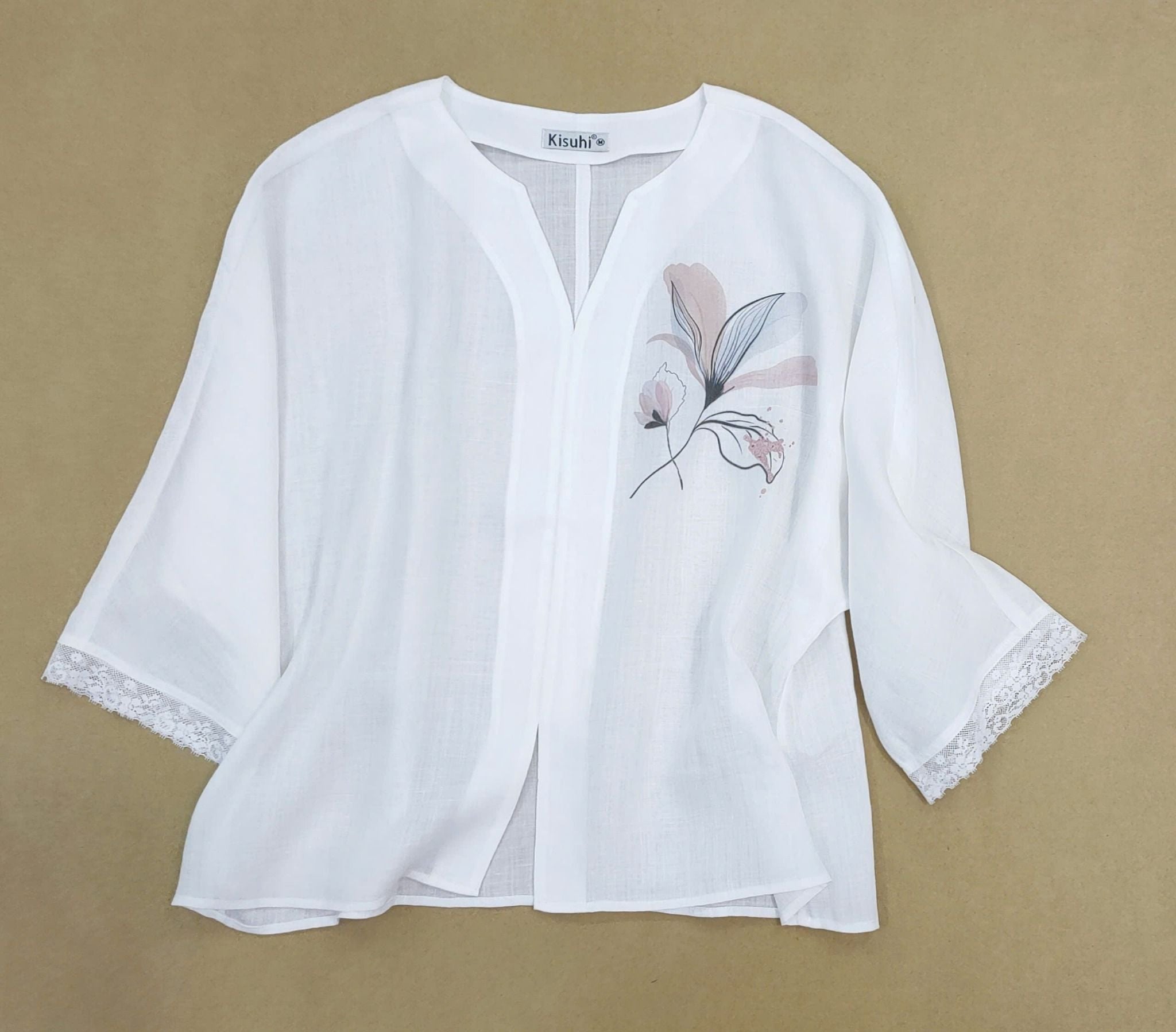  A432-Áo Ramie Cổ V In Vẽ Hoa 