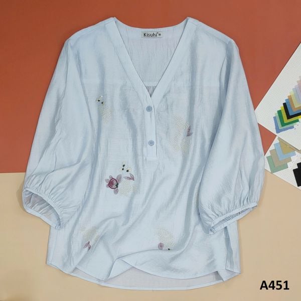  A451-Áo Tencel Thêu Tay Lỡ Cổ Tim 
