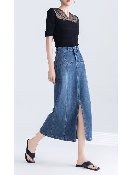  Q281-Chân Váy Lụa Mềm Xẻ Tà Túi Trước 