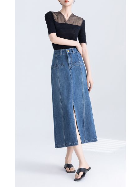  Q281-Chân Váy Lụa Mềm Xẻ Tà Túi Trước 