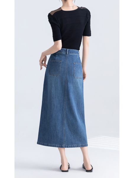  Q281-Chân Váy Lụa Mềm Xẻ Tà Túi Trước 