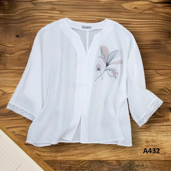  A432-Áo Ramie Cổ V In Vẽ Hoa 