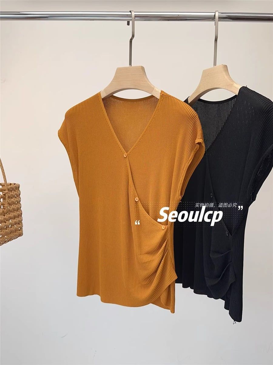  A695-Áo Len Lụa Băng Nhún Eo Nút Hông 