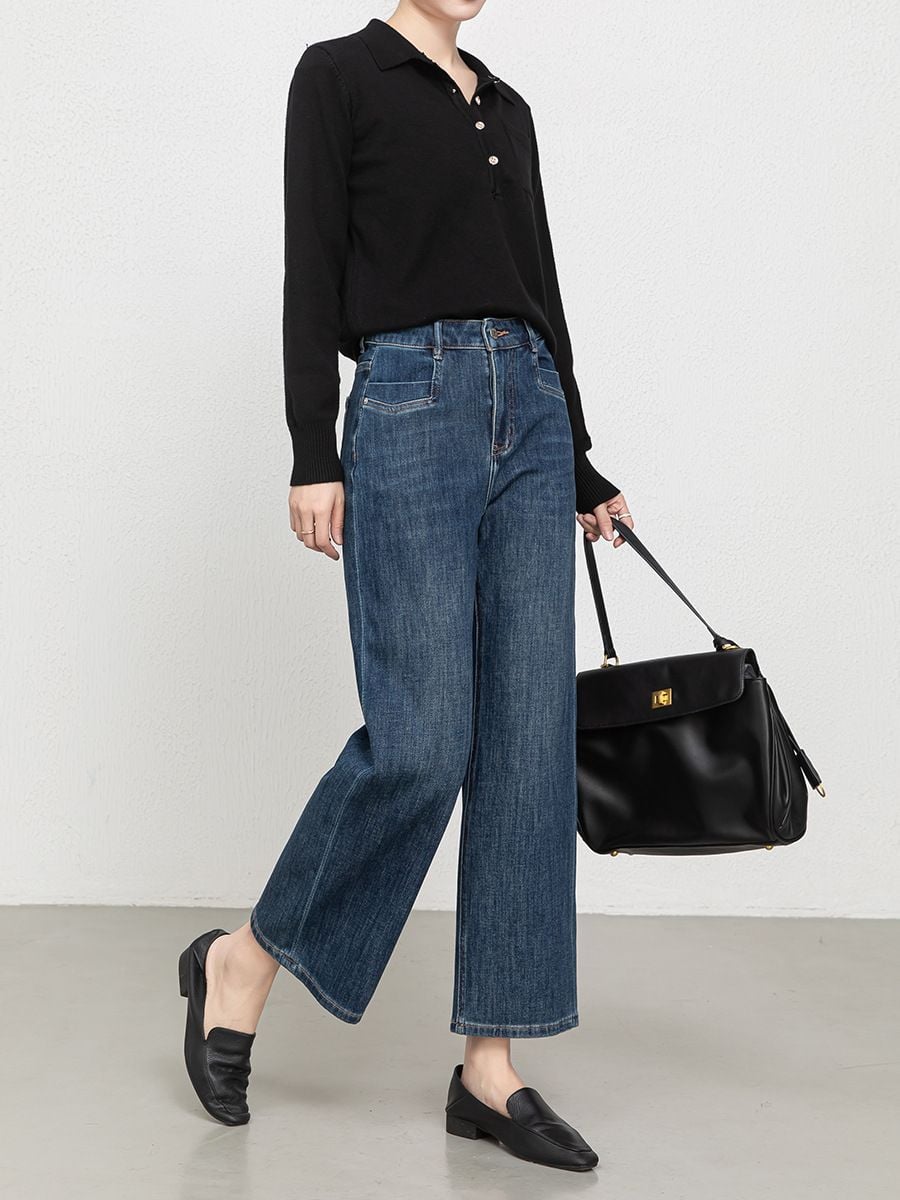  Q373-Quần Jeans Ống Suông Co Dãn 4 Chiều Túi Kiểu Nghệ Thuật 9 Tấc 