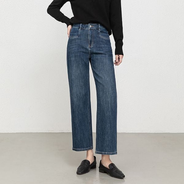  Q373-Quần Jeans Ống Suông Co Dãn 4 Chiều Túi Kiểu Nghệ Thuật 9 Tấc 